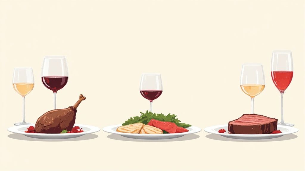 A delicious spread of food paired with a glass of red wine
