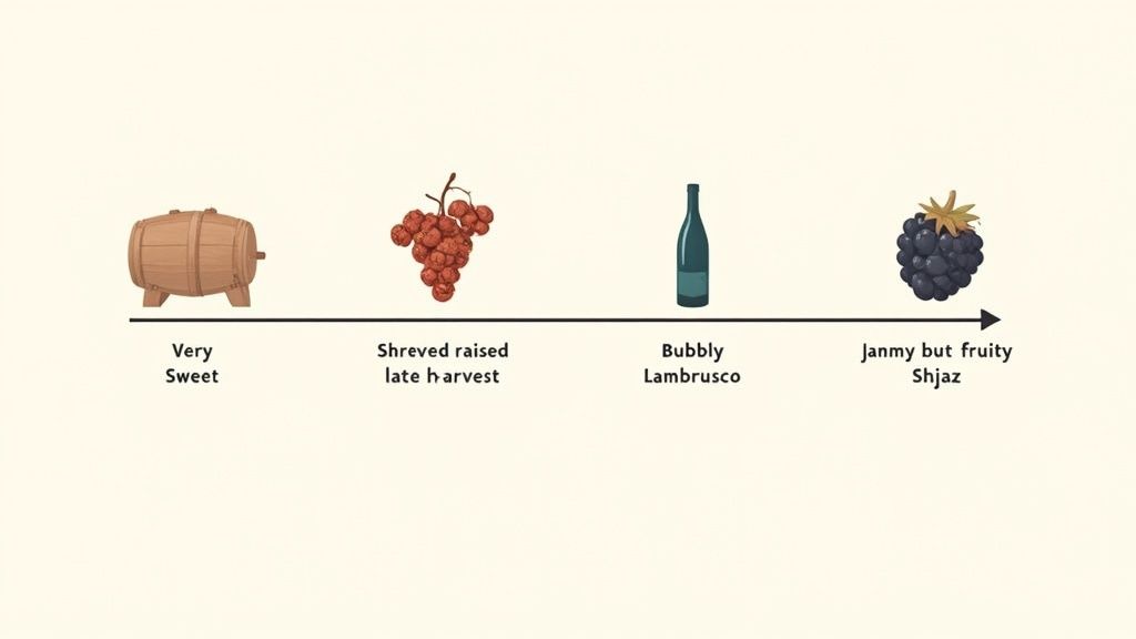 A wine sweetness and flavor scale depicting a barrel, shrivelled grapes, a bottle, and a blackberry.