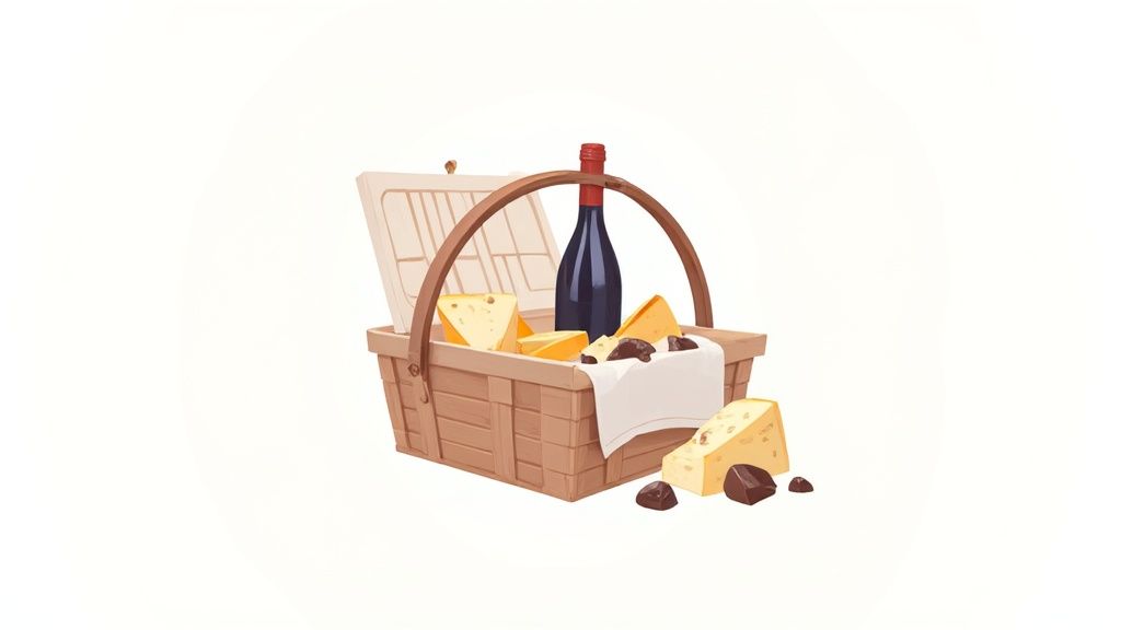 A luxurious wine gift hamper with red wine, cheese, and crackers.