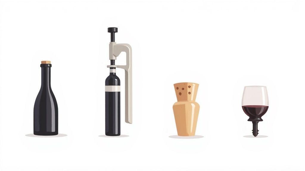 A collection of wine preservation tools like a vacuum pump, stoppers, and an inert gas canister.
