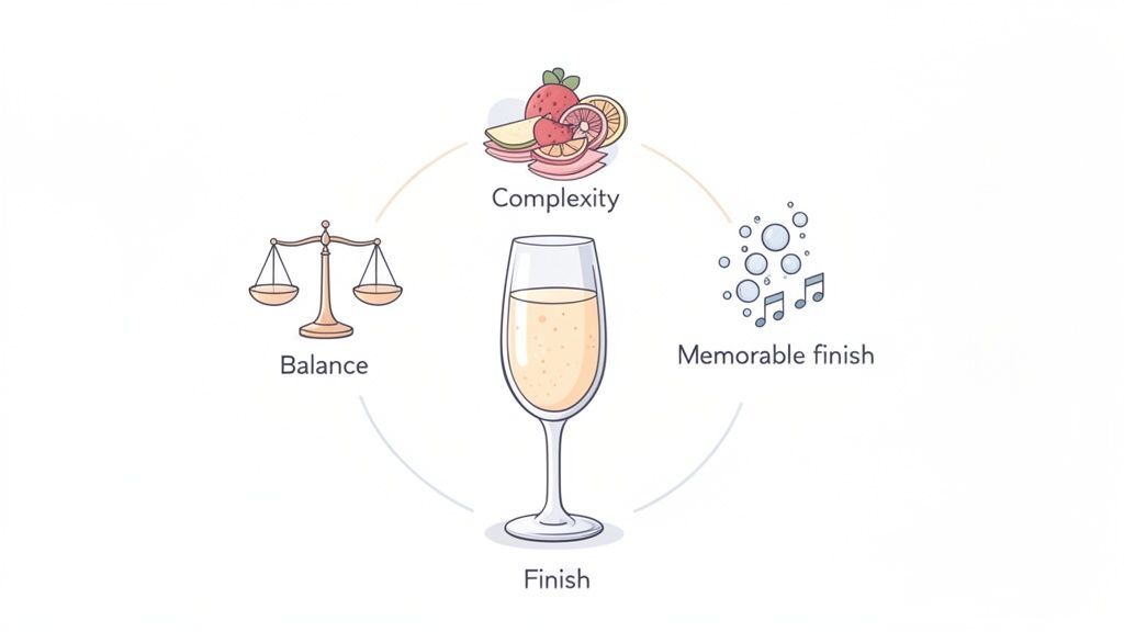 Illustration detailing characteristics of a great sparkling wine: complexity (fruits), balance (scale), and a memorable finish (bubbles, notes).