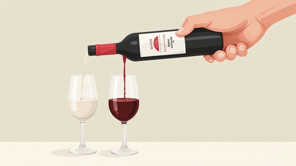 A glass of rich, dark port wine being poured from a bottle into a small, elegant glass, with a cozy, warm background.