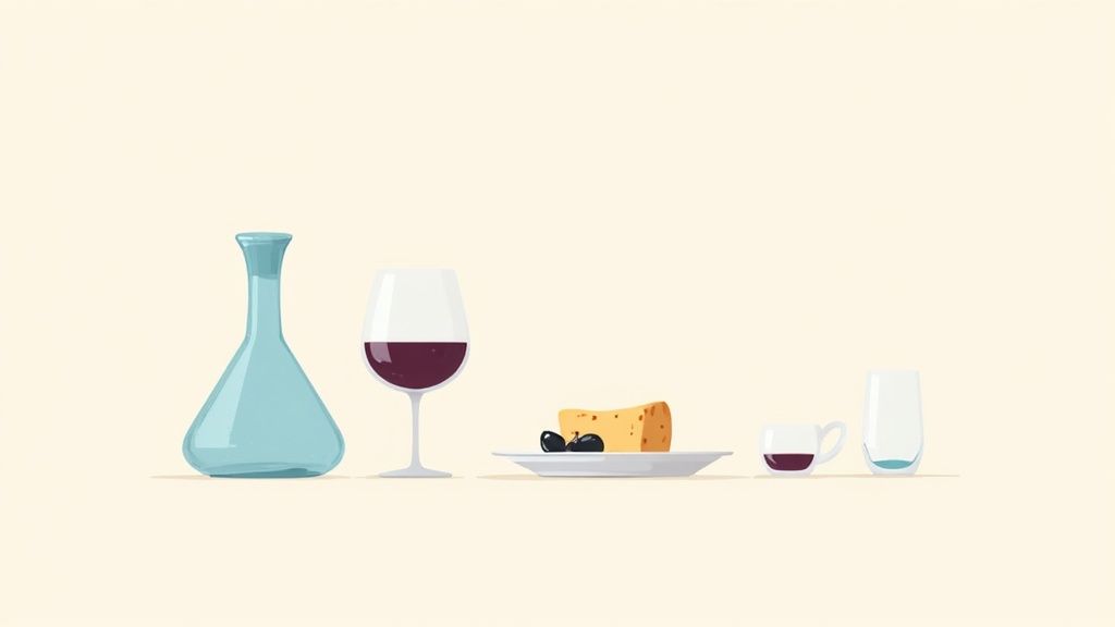 A flat lay illustration of wine accessories including a decanter, glass, cheese, and grapes.