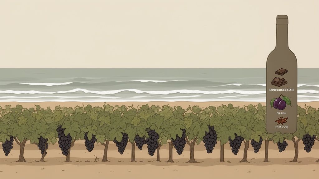 A stylized vineyard with dark grapes by the sea, featuring a wine bottle with dark chocolate, plum, and anise tasting notes.