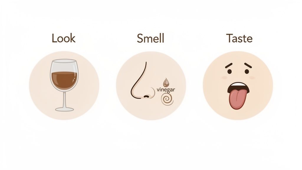 Three icons illustrating how to assess wine: looking at color, smelling for vinegar, and tasting.