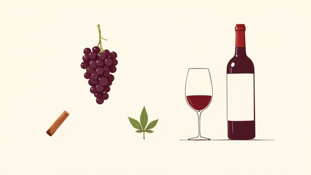 A lush bunch of dark Cabernet Sauvignon grapes hanging on the vine.