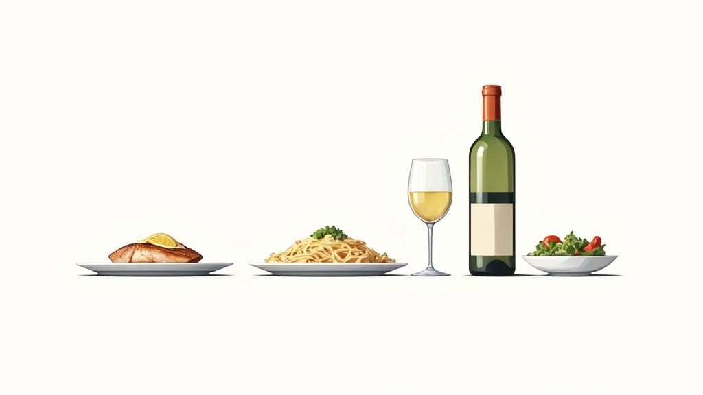 A full meal spread featuring grilled fish with lime, pasta, white wine in a glass and bottle, and a green salad.