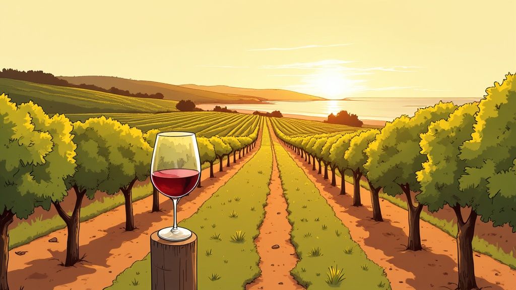 A scenic view of a vineyard in in McLaren Vale with rolling green hills and rows of grapevines under a clear sky