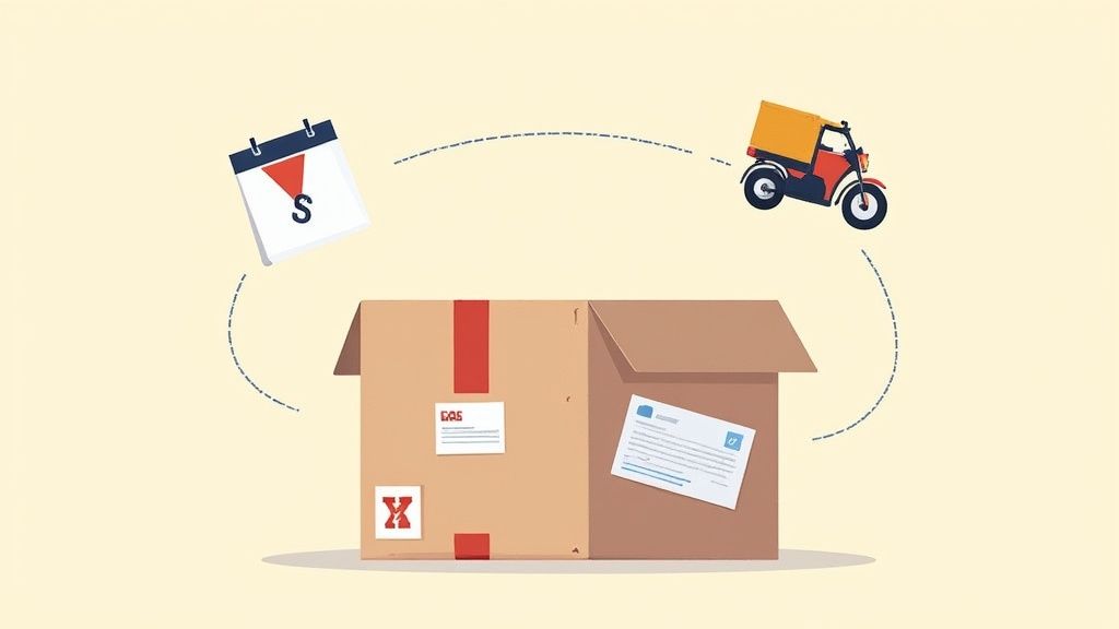 Cardboard delivery box with calendar and delivery vehicle illustrating subscription service logistics and shipping