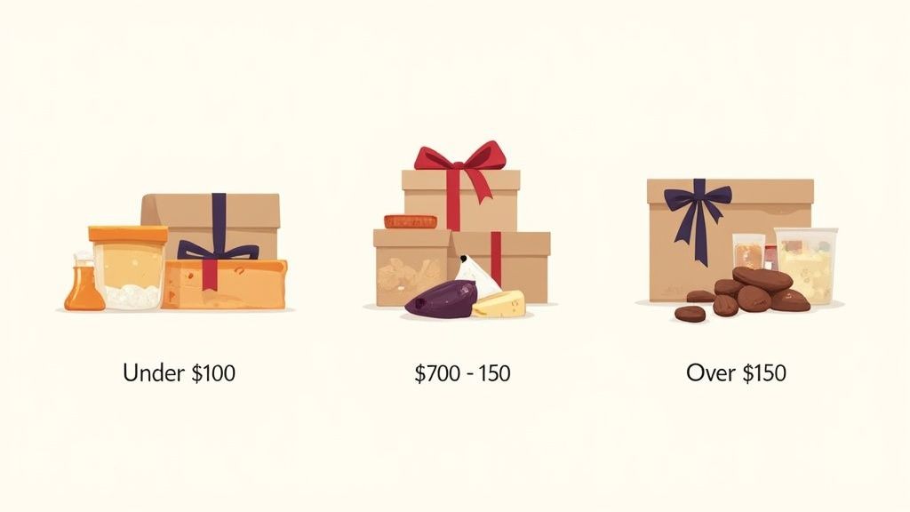 A stylish wine gift hamper displayed on a wooden table.