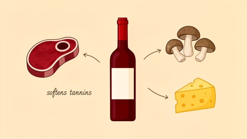 Red wine bottle with arrows pointing to steak (softens tannins), mushrooms, and cheese, illustrating food pairings.