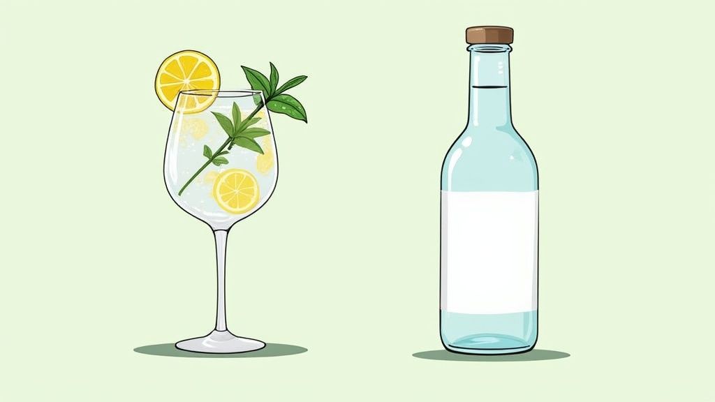 A person pouring gin into a glass with tonic and a slice of lime.