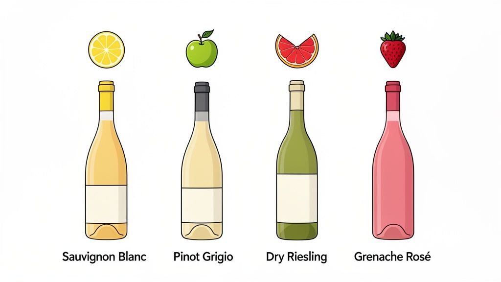 Illustration of four wine bottles (Sauvignon Blanc, Pinot Grigio, Dry Riesling, Grenache Rosé) with their fruit pairings.