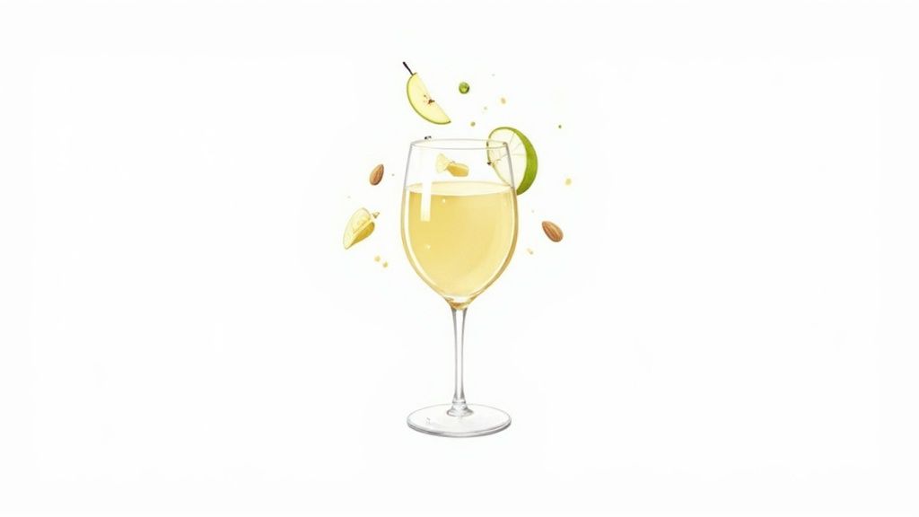 A vibrant illustration of a white wine glass with floating lime, apple slices, and almonds.