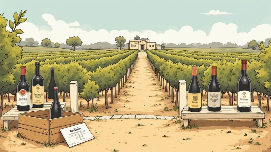 A close-up of a glass of red wine being poured, with a vineyard in the background