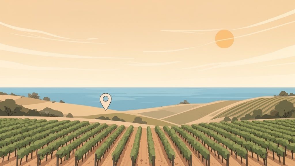 Illustration of a sunny vineyard landscape overlooking the sea with rolling hills and a location pin.