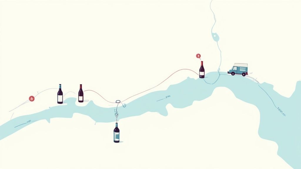 Woman holding a glass of red wine while using a laptop to order wine online