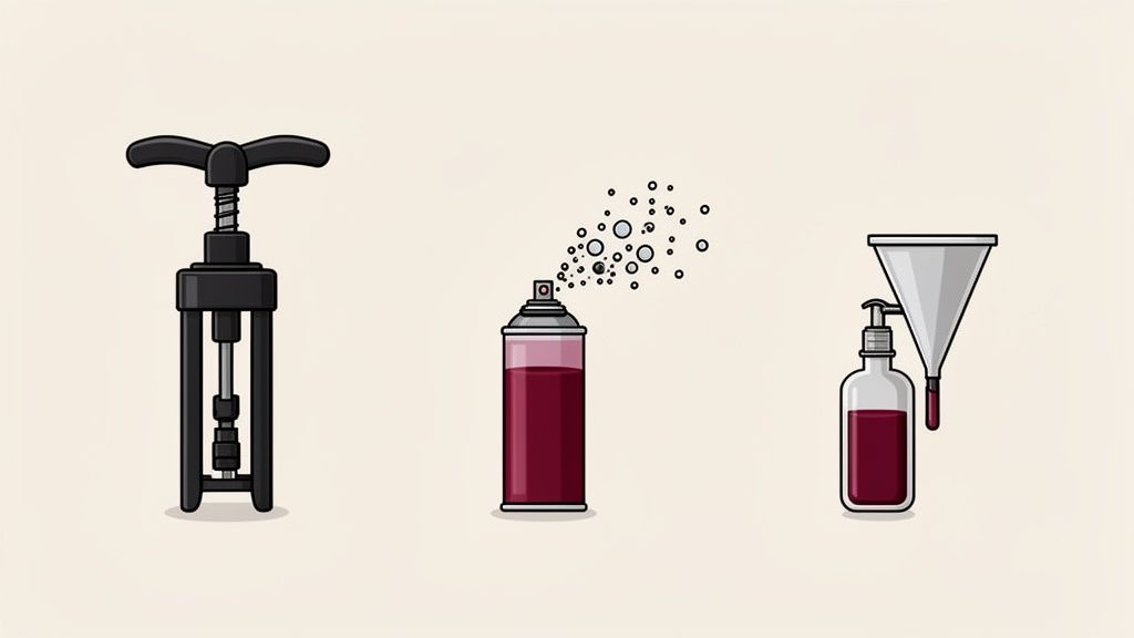 Three illustrations of wine-related items: a corkscrew, a spray can, and a funnel refilling a dispenser bottle.