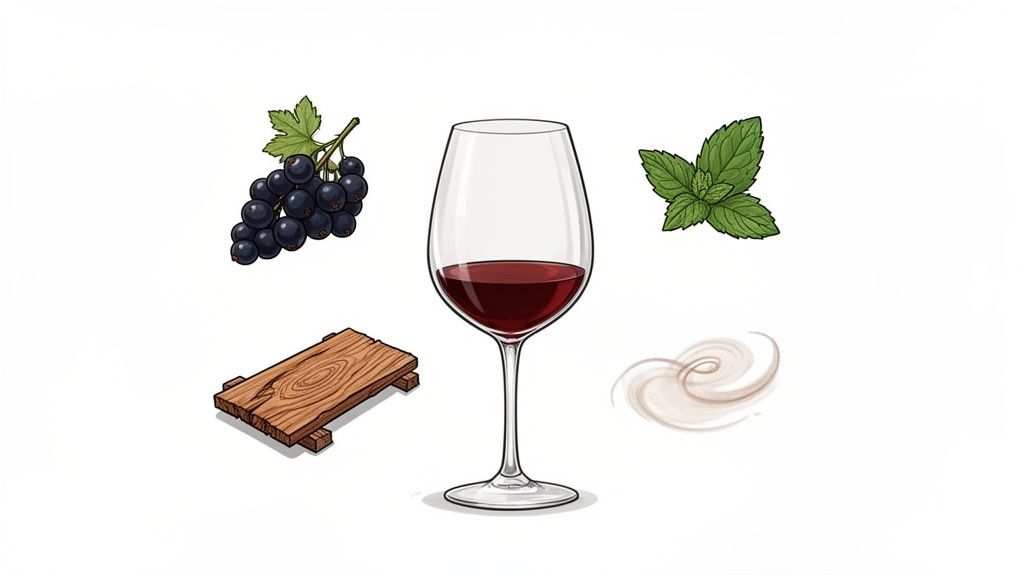 A red wine glass surrounded by blackcurrants, mint leaves, a wooden plank, and a savory swirl.