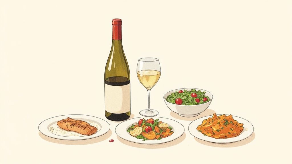 A spread of food and white wine, including grilled salmon, two salads, and a pasta dish.