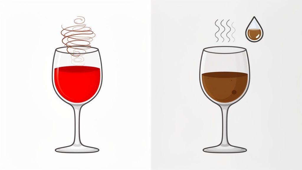 Two wine glasses, one with red wine and swirling aroma, the other with brown liquid and steam.