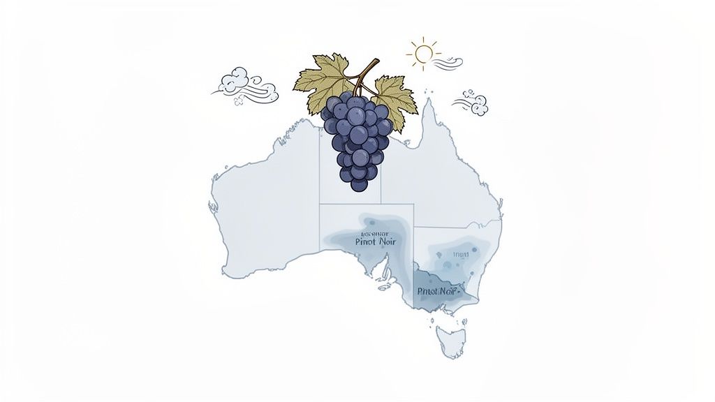 Map of Australia showing Pinot Noir grape growing regions with climate symbols.