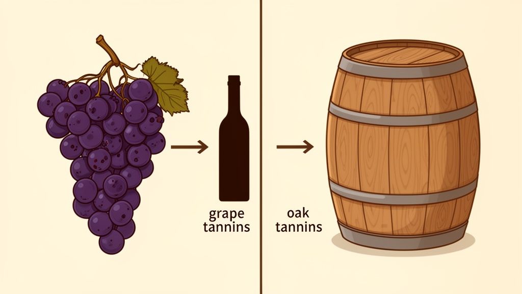 An illustration demonstrating the sources of tannins in wine: grapes and oak barrels.