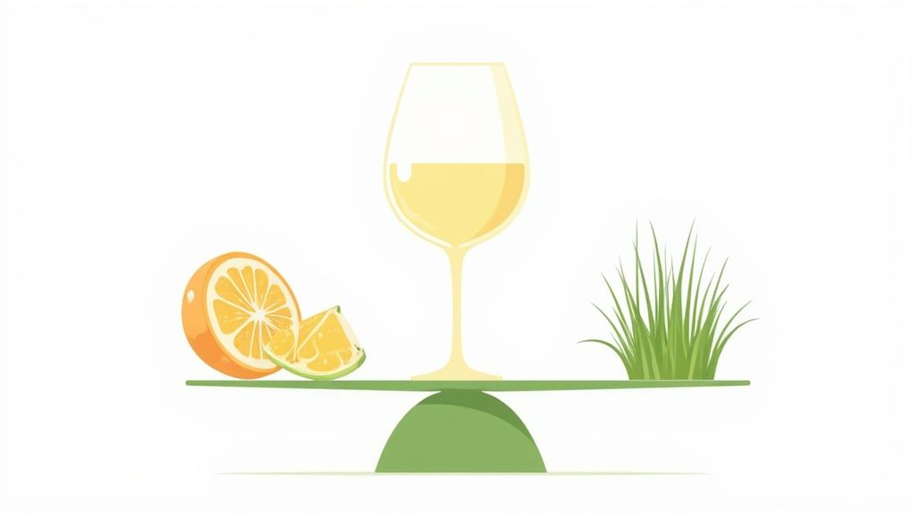 An illustration of a balance scale with white wine, orange slices, and green grass, representing flavor profiles.