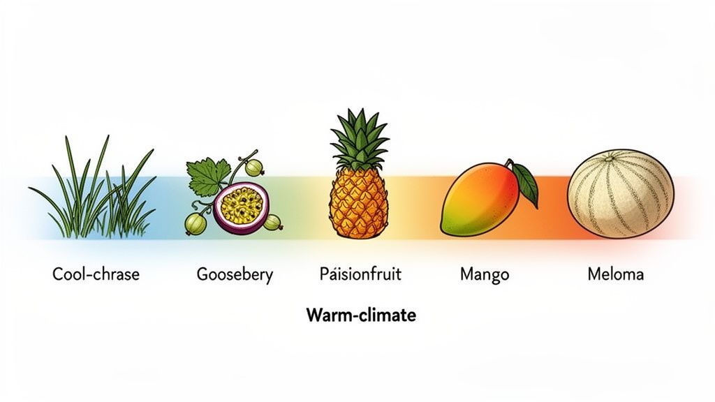 Illustration showing grass, gooseberry, passionfruit, mango, and melon on a climate gradient from cool to warm.