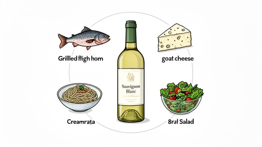 A bottle of Sauvignon Blanc wine surrounded by food pairings including grilled fish, goat cheese, pasta, and salad.