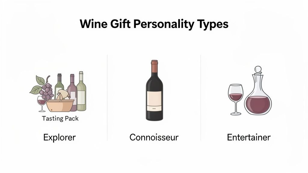 An infographic displaying three wine gift personality types: Explorer, Connoisseur, and Entertainer.
