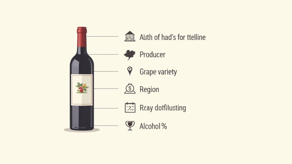 Wine bottle diagram showing key information labels including producer, grape variety, region, and alcohol percentage