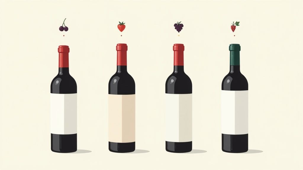 Four glasses of different popular dry red wines lined up for a tasting.