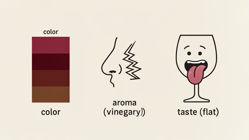 Illustrations showing signs of red wine spoilage: changing colors, a vinegary aroma, and a flat taste.