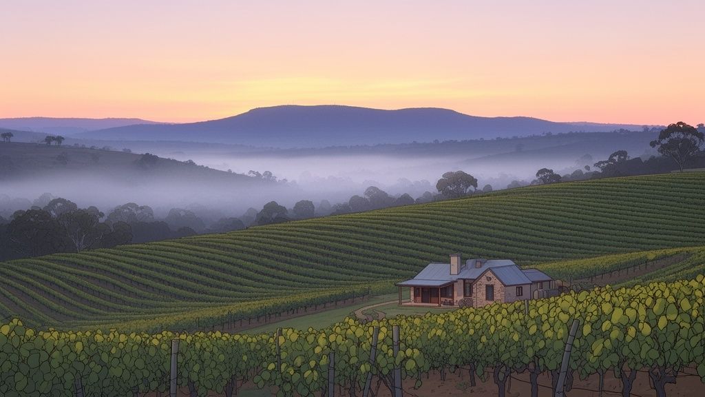 A charming stone house stands amidst rows of green grapevines with misty hills and a colorful sunset sky.