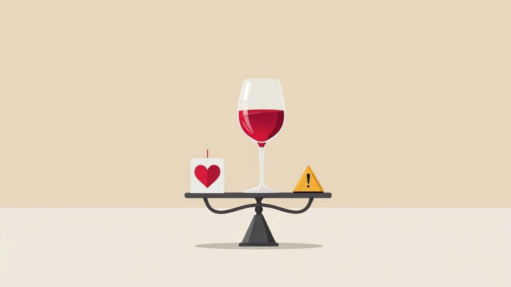 A scale balances a wine glass, a heart candle, and a warning sign.