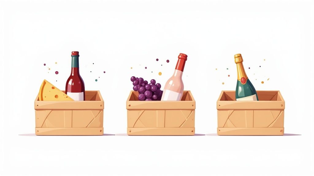 A beautiful wine gift hamper featuring a bottle of white wine, cheeses, and fruits.
