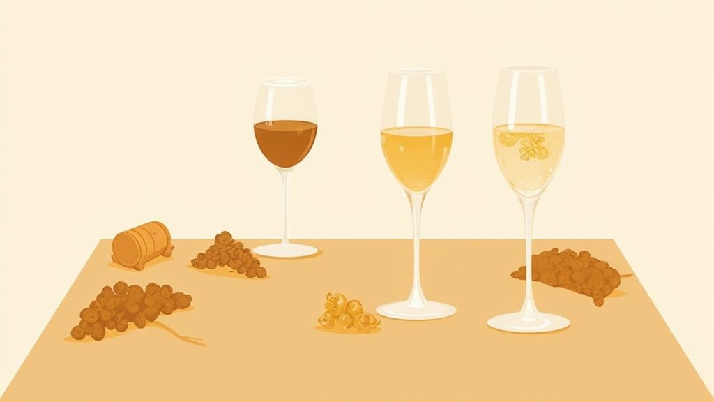A glass of sweet dessert wine being poured, with a rich, golden colour, set against a backdrop of a vineyard.