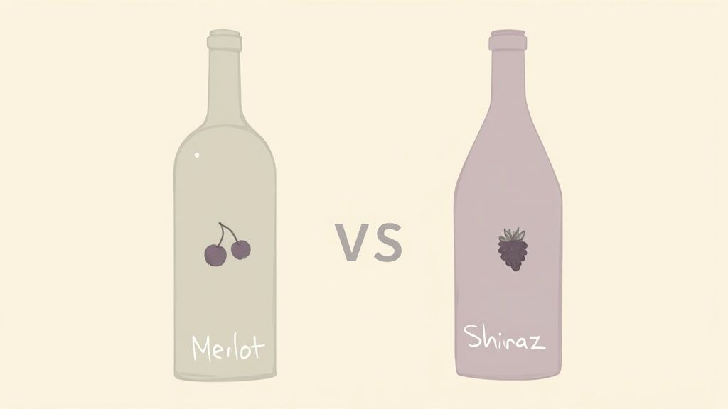 Illustration comparing Merlot and Shiraz wine bottles, showing cherries for Merlot and a blackberry for Shiraz.