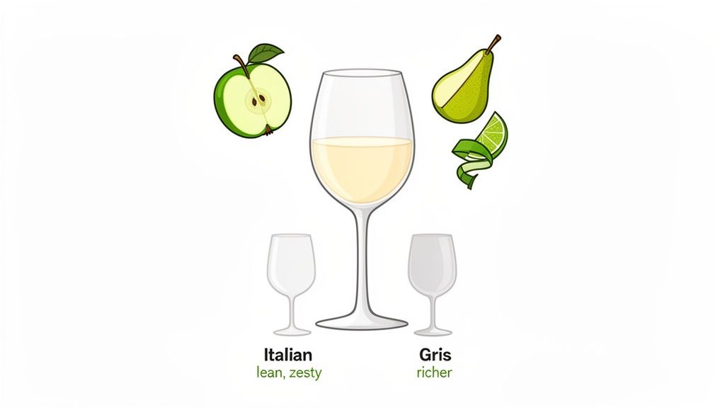Illustration showing white wine with apple, pear, lime flavors, comparing Italian and Gris Pinot Grigio styles.