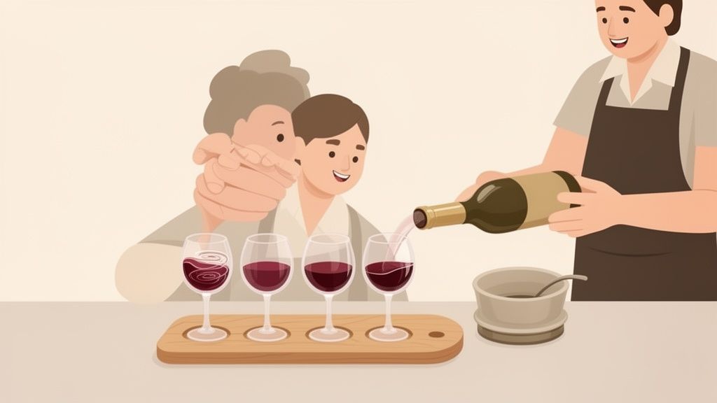 A cheerful sommelier pours red wine into glasses for two people at a tasting.