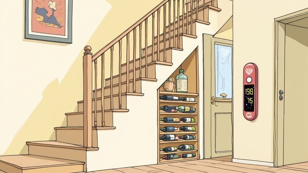 Illustration of a home interior featuring a wooden staircase, an under-stair wine rack, and a wall-mounted display.