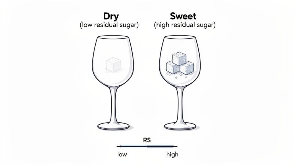 Illustration comparing dry wine with low residual sugar (one sugar cube) and sweet wine with high residual sugar (multiple sugar cubes).
