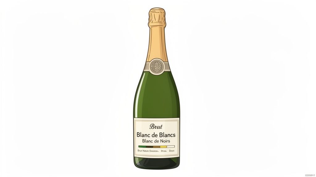 Illustration of a green champagne bottle with a gold top and a label showing 'Brut' and types of sparkling wine.