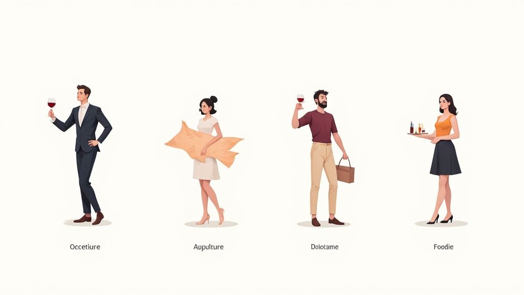 Four distinct illustrations of diverse people on a white background, including two holding wine glasses.