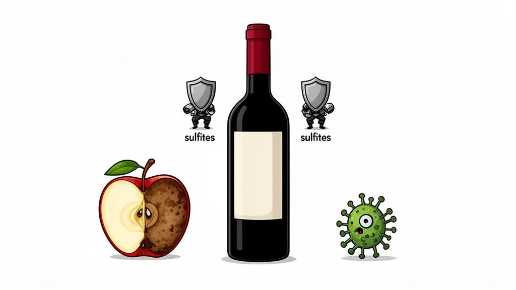 Illustration of sulfites protecting a wine bottle from oxidation (rotting apple) and a harmful virus.