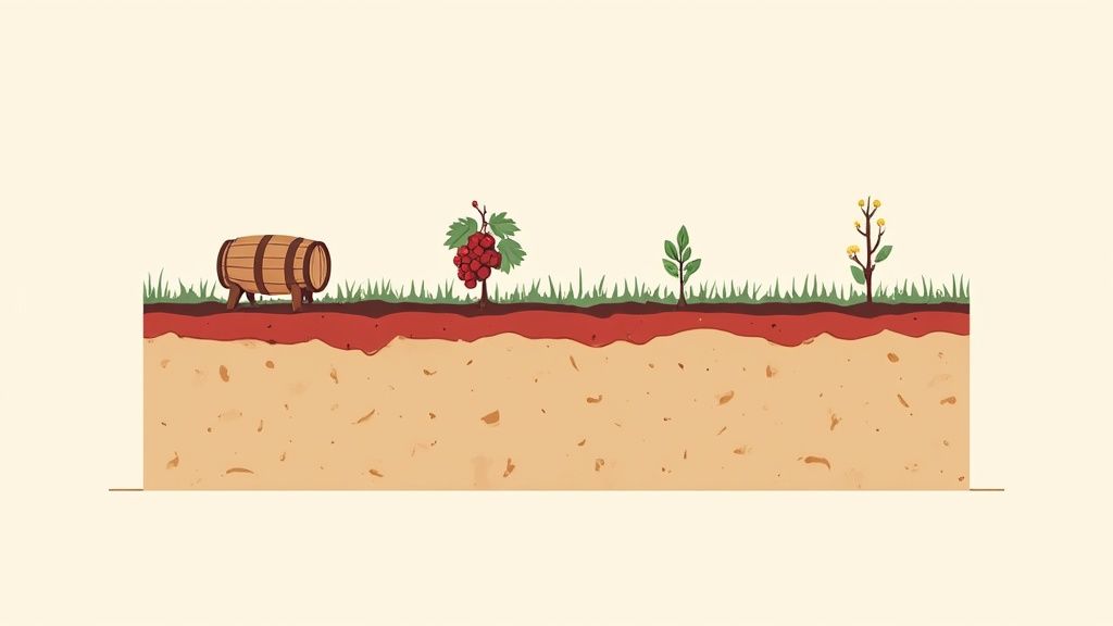 An illustration showing a soil cross-section with grass, a barrel, a grape vine, and plants.