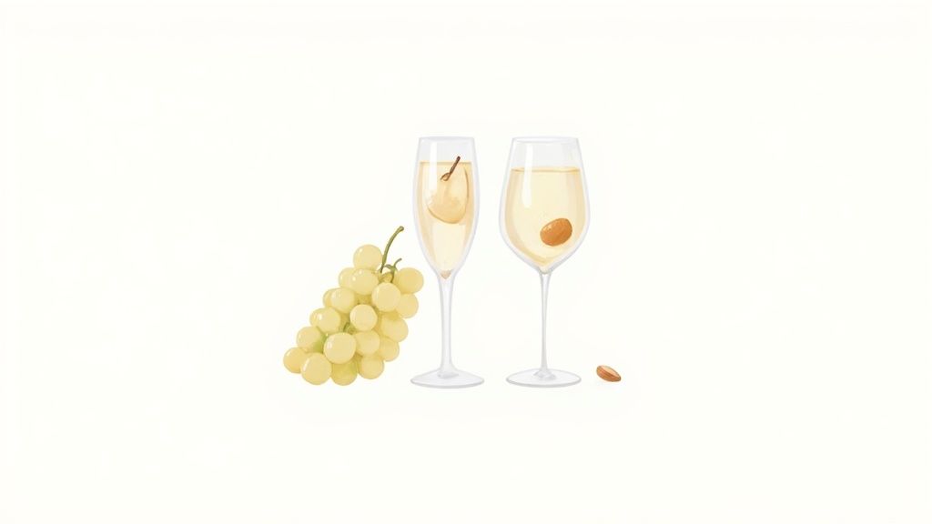 Illustration of green grapes and two white wine glasses, one with a pear, the other with an almond.