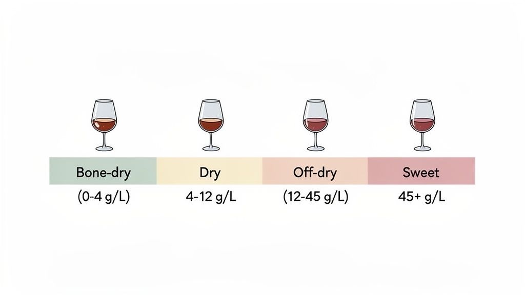 A visual guide to wine sweetness, categorizing bone-dry, dry, off-dry, and sweet by sugar levels.