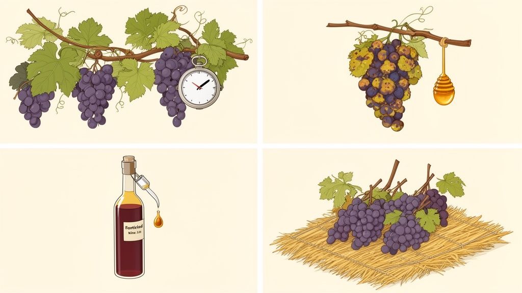 Four illustrations depicting different methods of making sweet wines, including noble rot, straw wine, and late harvest.
